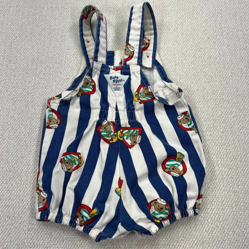 Baby OshKosh Shortall Bubble Overalls 12M Blue White Striped Sailor Bear VTG 80s